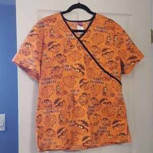 Disney Cheshire Cat Halloween Scrub Top Orange M